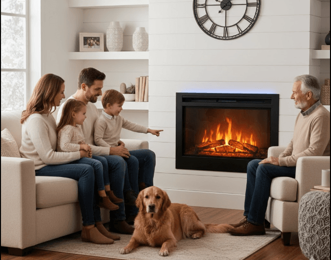 Modern pellet fireplace insert installed in a living room