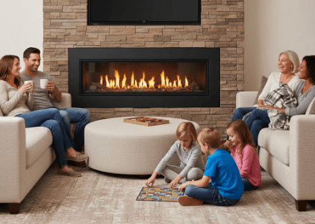 Modern gas-pellet fireplace insert with black trim in a living room