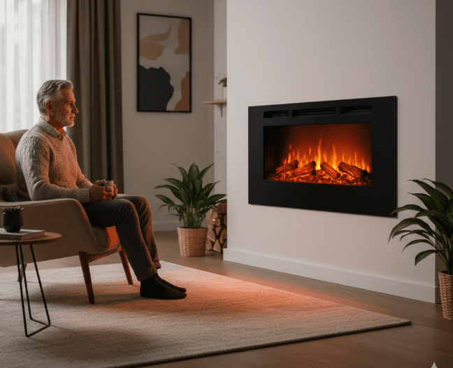 Modern electric fireplace with a clear glass panel